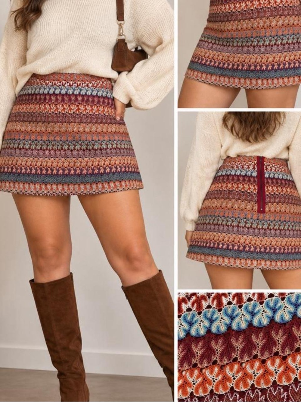 Topshop Multicolor Crochet Lace Mini Skirt Size 12 Fall Boho 70s